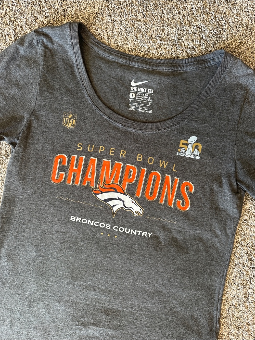 Nike Gray Denver Broncos Super Bowl Champions Tee with Orange and White Logo